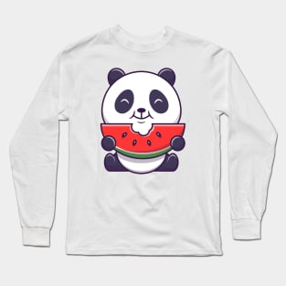 Cute Panda Eating Watermelon Cartoon Long Sleeve T-Shirt